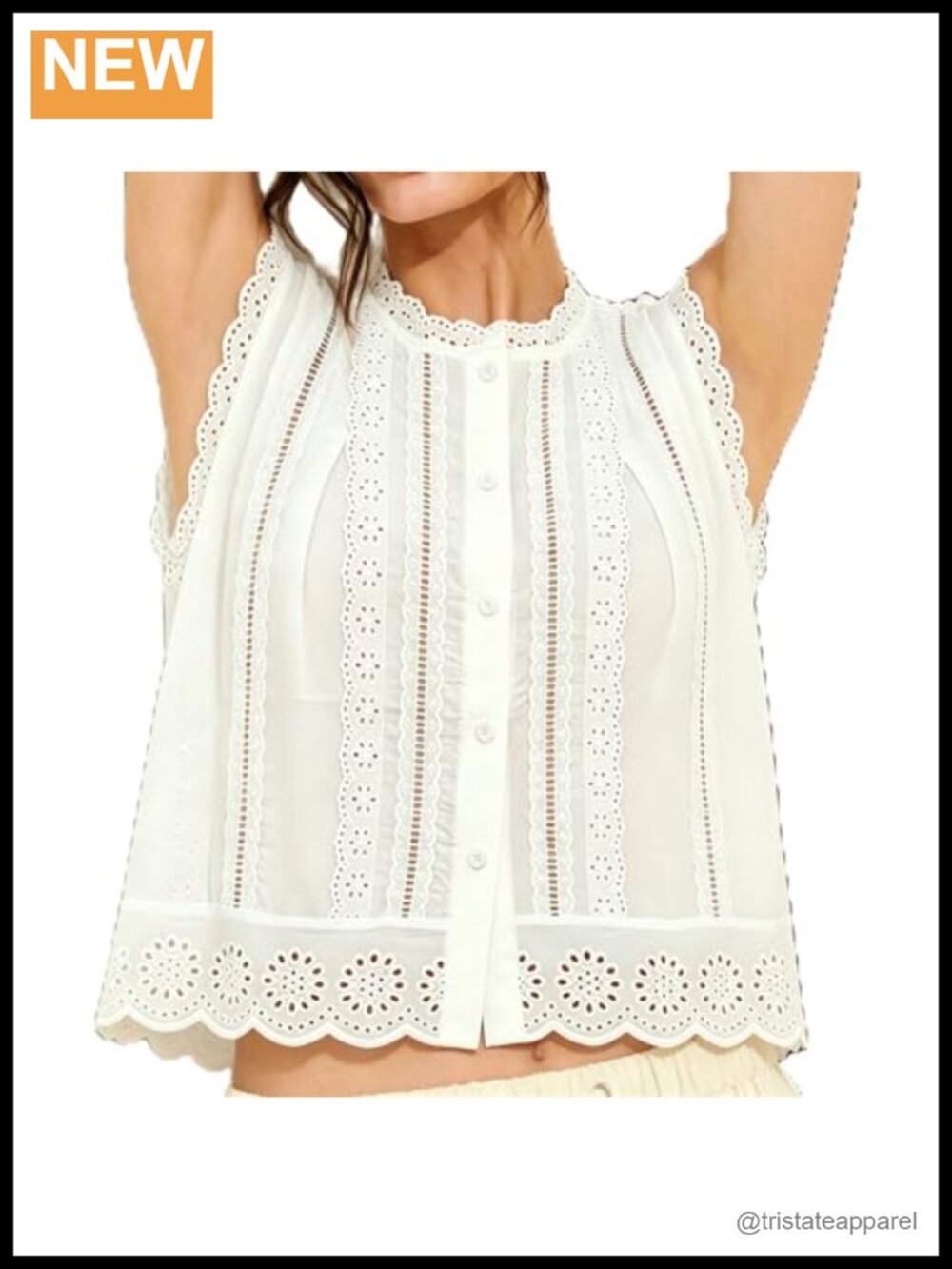 Women's Boho Eyelet Scallop Trim Flowy Tank Top Button Front Sleeveless Blouse